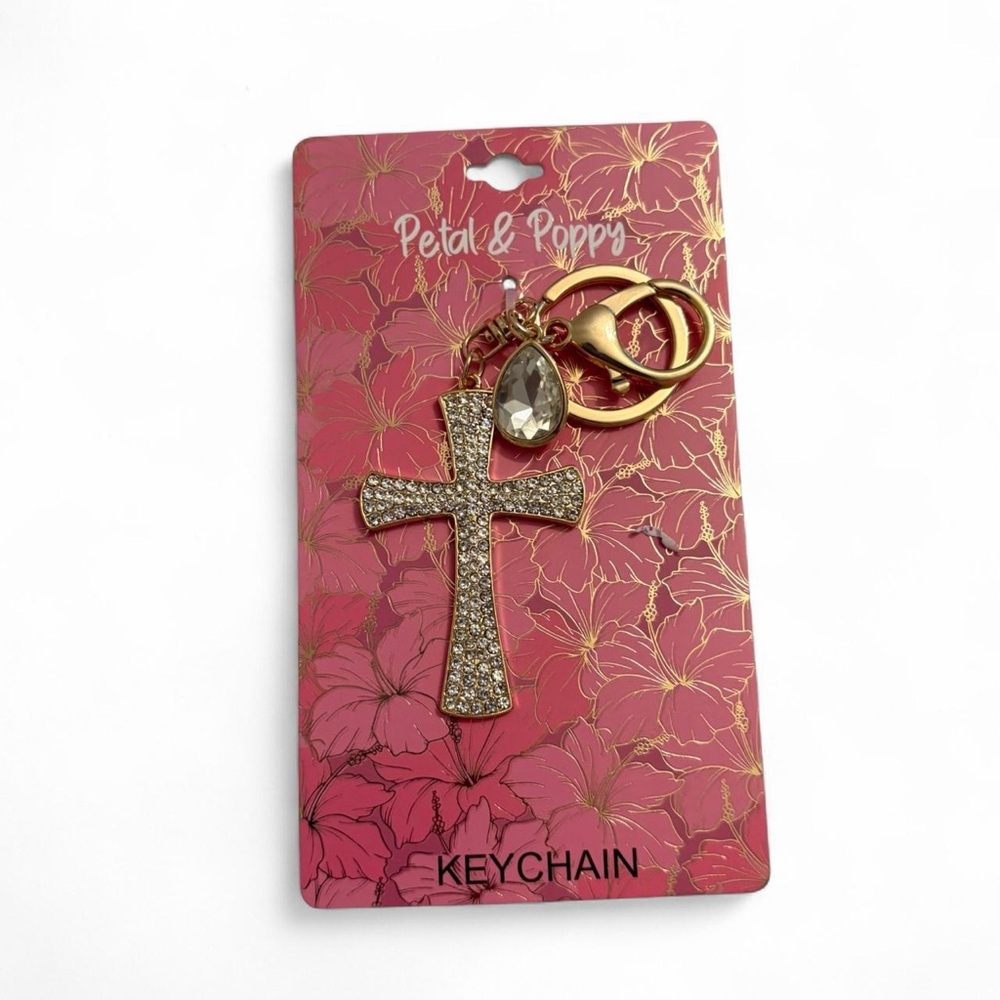 NWT Petal & Poppy Gold Cross Rhinestone Keychain